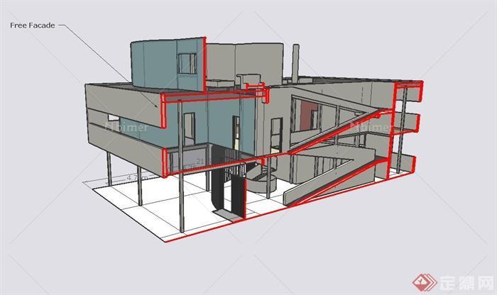 现代独栋别墅建筑设计su模型（含模型建筑分析）
