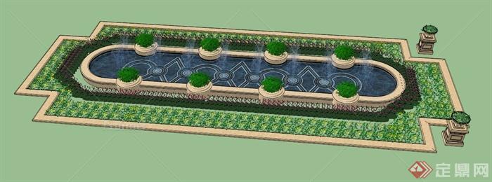 喷泉水池花池组合设计SU模型