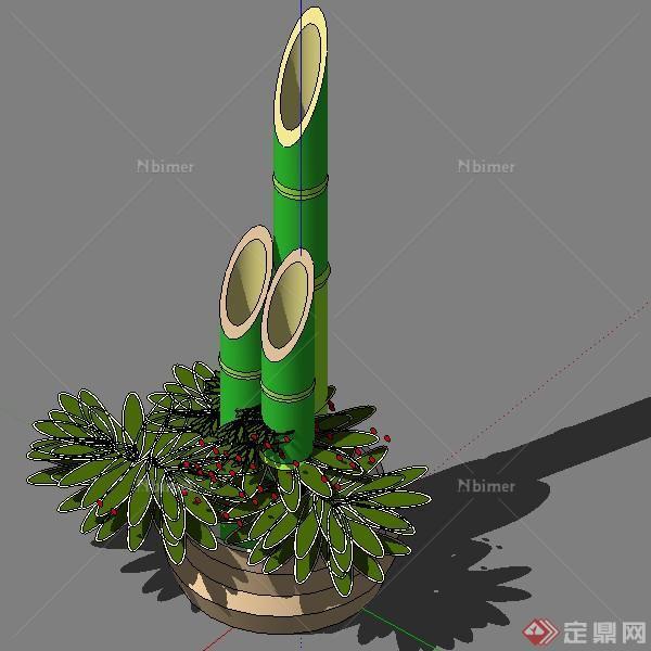 一棵竹插花的盆栽景观植物设计SU模型