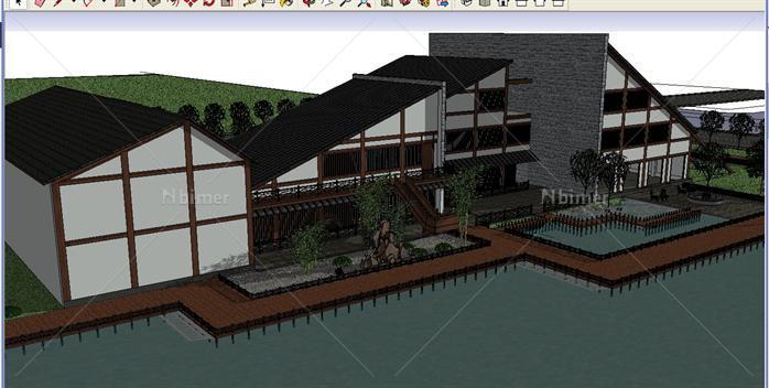 某新中式滨水度假会馆建筑设计方案SU模型[原创]