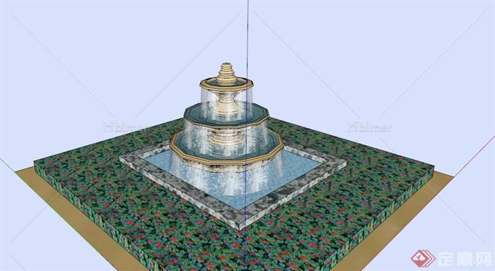 圆形三层喷泉水池SU模型