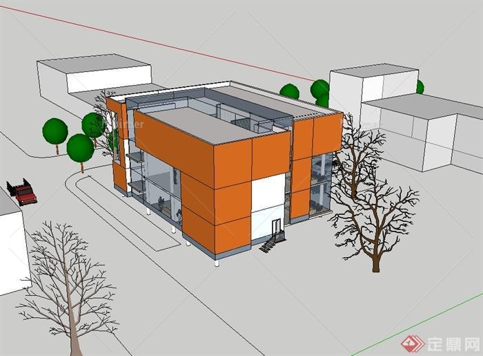 现代风格三层小型办公楼建筑设计su模型[原创]