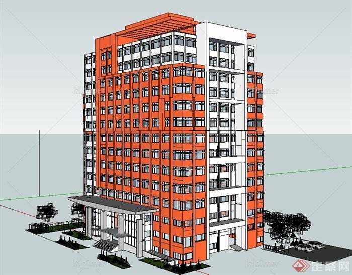 现代某高层独栋橘黄色办公建筑设计SU模型