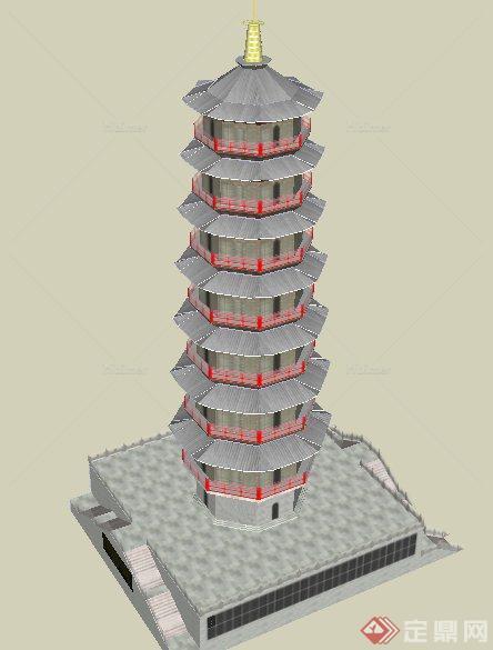 古典中式八层塔楼建筑设计SU模型