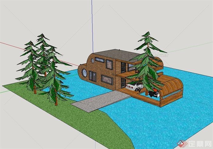 现代风格水上度假别墅建筑设计su模型[原创]