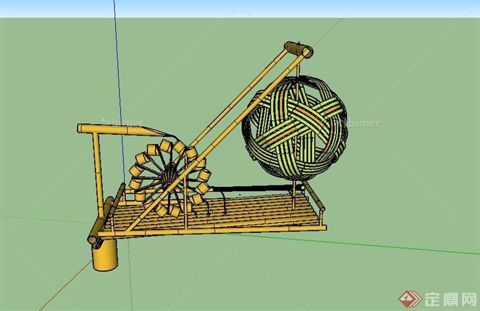 某景观小品竹制水车设计SU模型