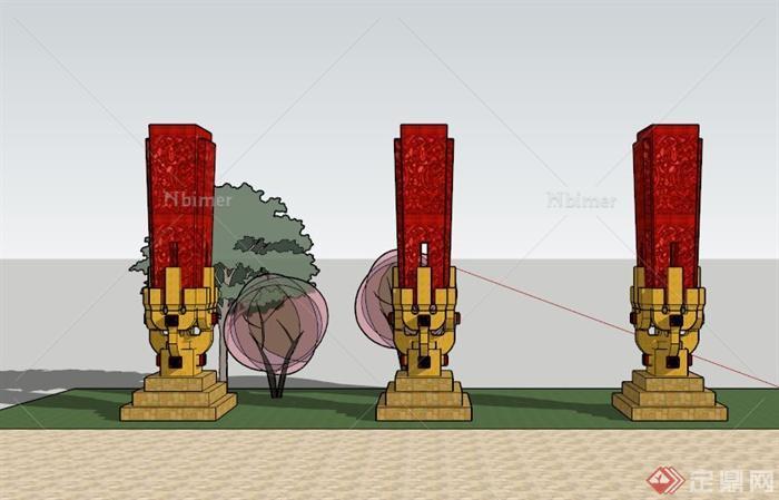三个中式景观柱雕塑组合设计SU模型[原创]
