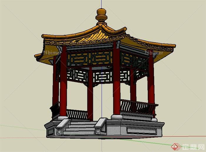 某古典中式六角亭建筑设计su模型[原创]