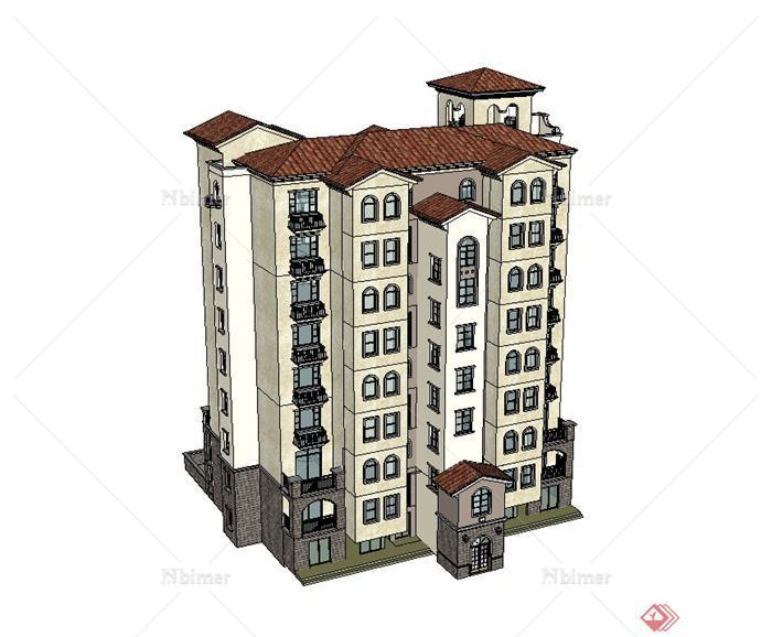 某欧式风格多层详细小区居住建筑楼设计su模型[原