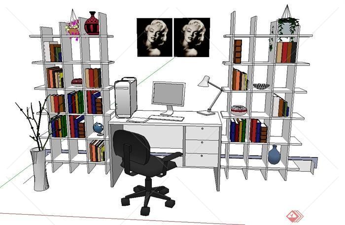 室内书架办公桌椅组合设计SU模型