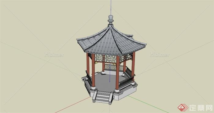 某古典中式六角景观亭子设计SU模型