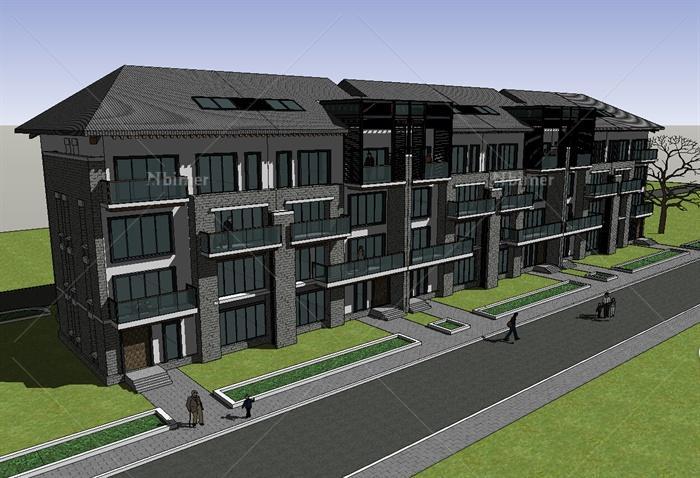 某新中式风格单身公寓小区多层建筑楼设计SU模型