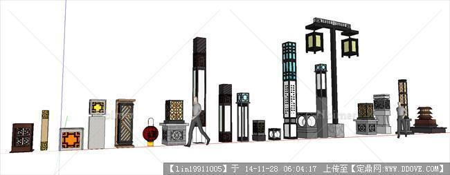 中式景观灯柱、中式小品su模型