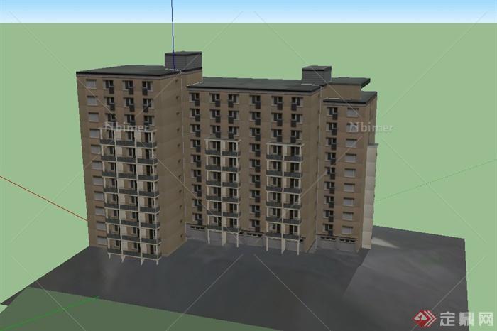 某现代三栋错落相连多层住宅建筑设计SU模型