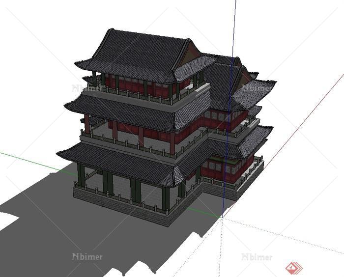 某古典中式风格详细精致戏台建筑楼设计su模型[原