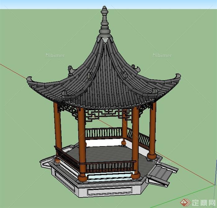 某古典中式带斗拱六角翘檐亭设计SU模型
