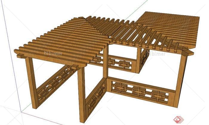 简约新中式转折木廊架设计su模型