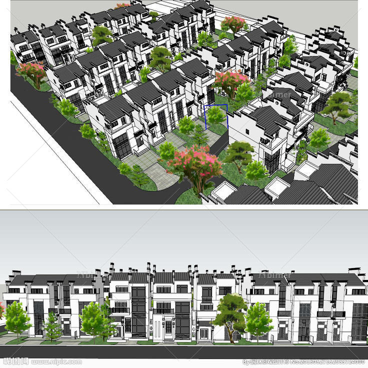 徽派别墅区建筑草图大师SU模型图片