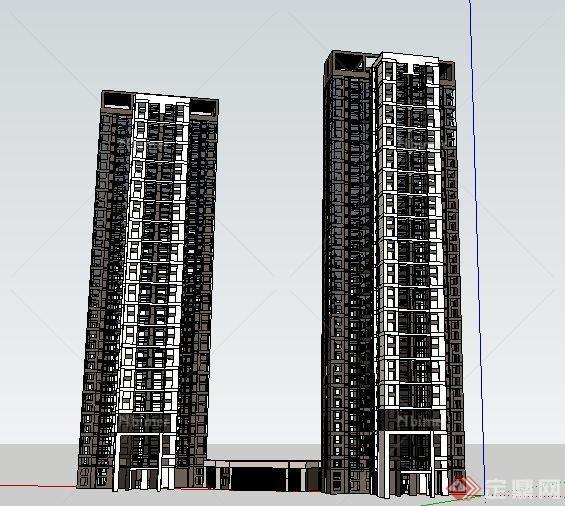 两栋高层住宅公寓楼建筑设计su模型[原创]