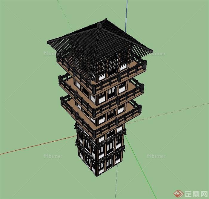 某古典中式多层方形塔楼建筑设计SU模型