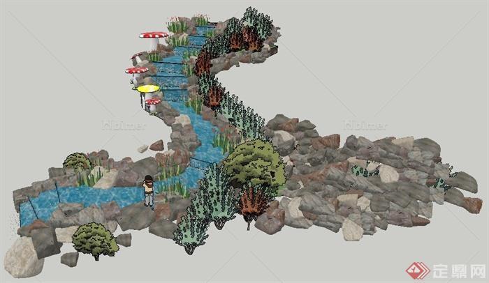 山间溪流叠水景石景观su模型