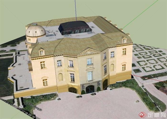 某两层欧式方形别墅建筑设计SU模型