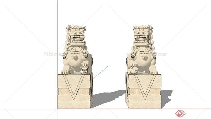 某两个石狮子雕塑组合SU模型