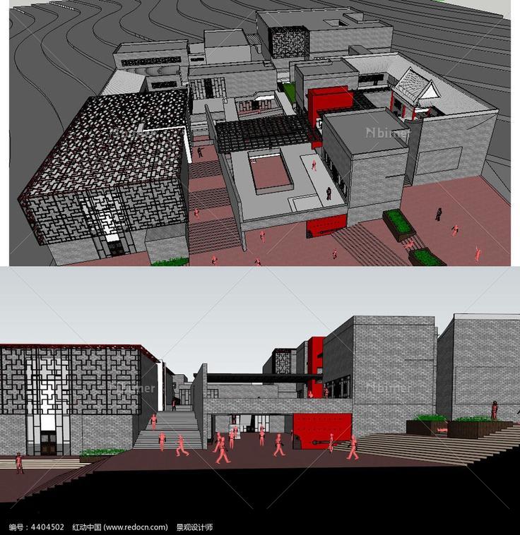 中式文化馆建筑草图大师SU模型