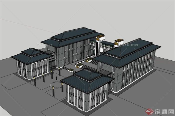 现代中式对称办公楼建筑SU模型[原创]