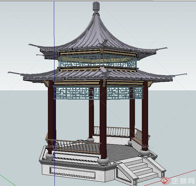 中式风格重檐六角凉亭设计su模型