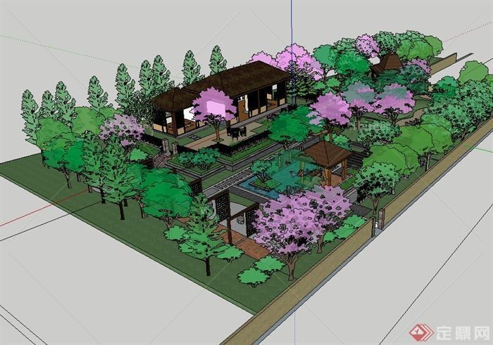 某东南亚风格私家温泉庭院设计su模型[原创]