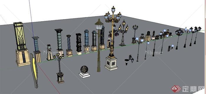 多款园林路灯、灯台、灯柱、灯箱设计SU模型[原创