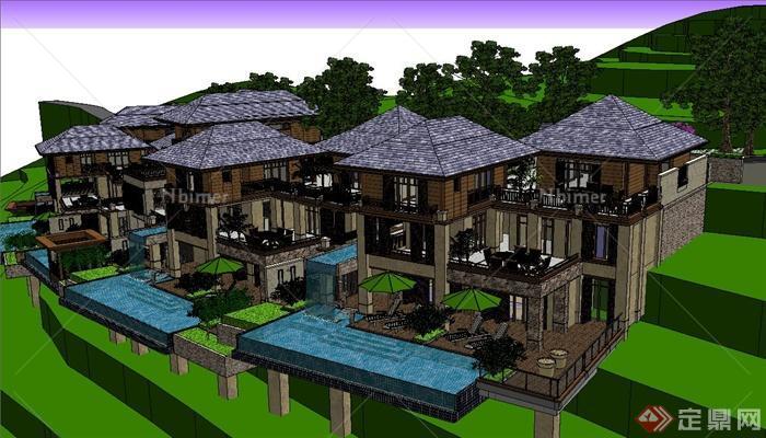 东南亚风格坡地度假别墅建筑设计SU模型[原创]