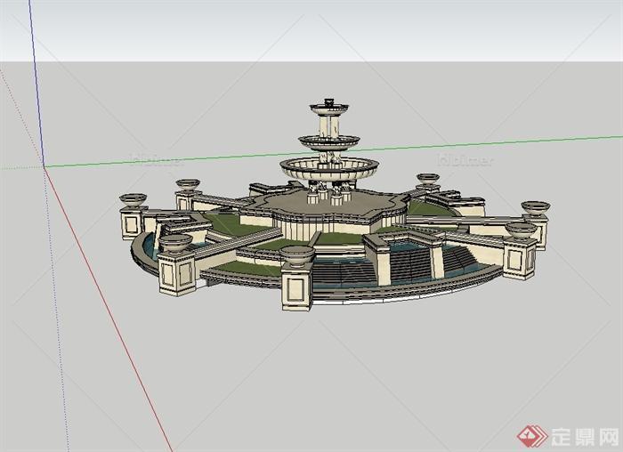 某欧式风格大型喷泉水钵水景设计su模型[原创]