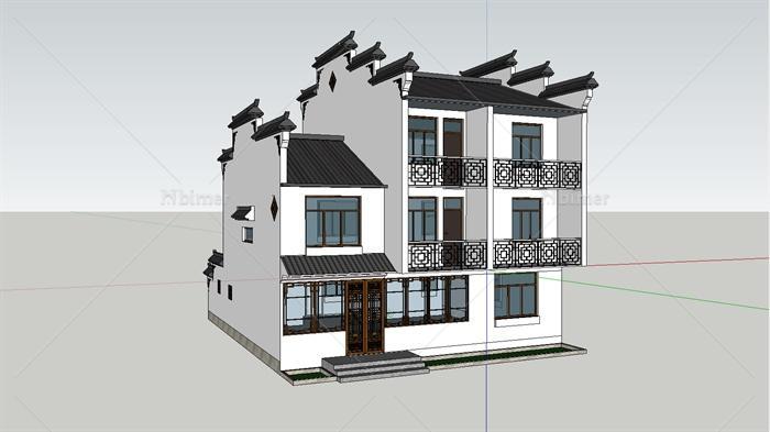 某现代中式住宅建筑设计su模型3