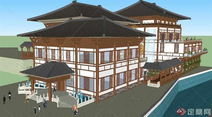 仿古艺术茶馆建筑方案SU精致设计模型[原创]