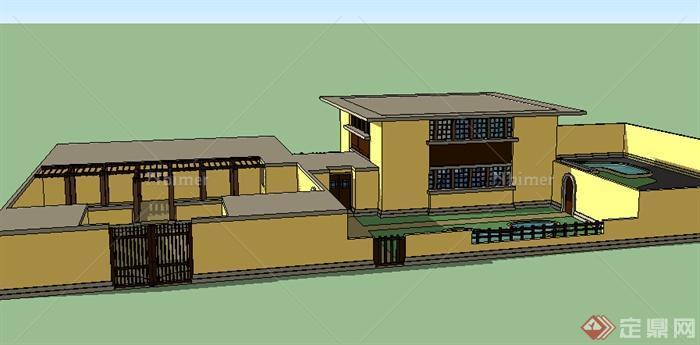 某简约风小别墅建筑设计SU模型（含庭院）