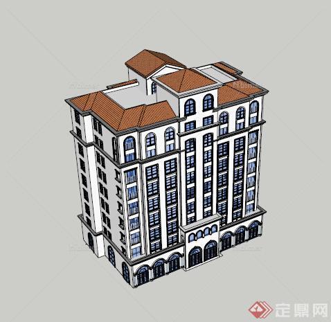 西班牙风格酒店式公寓住宅建筑设计su精细模型[原