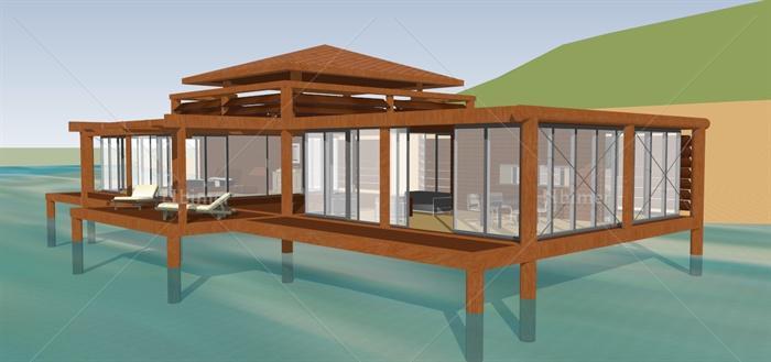 单层木质水上会所别墅建筑设计SketchUp模型[原创