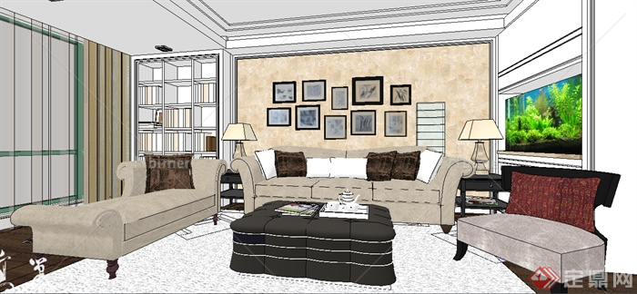 某现代风格住宅空间室内设计客厅玄关整体SU模型