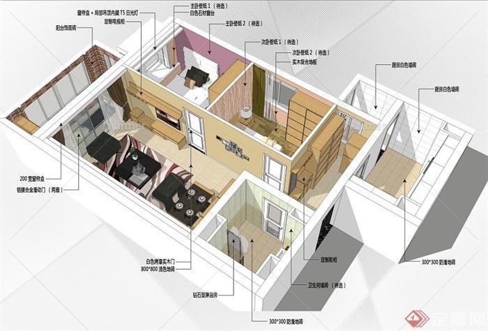 现代风格两居室室内设计su模型（含效果图）