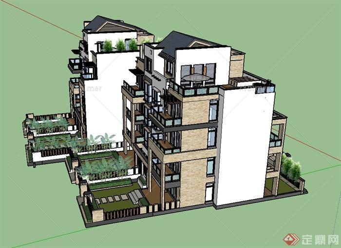 某现代中式多层公寓建筑设计US模型