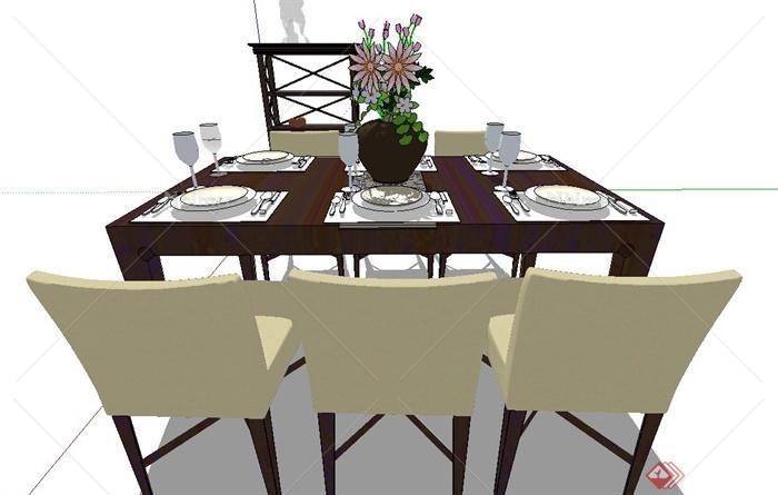 某室内木质六人餐桌椅与边柜设计SU模型
