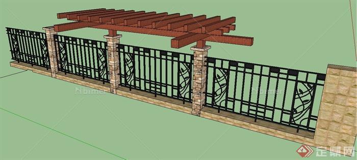 园林景观现代风格铁艺围墙及花架组合su模型