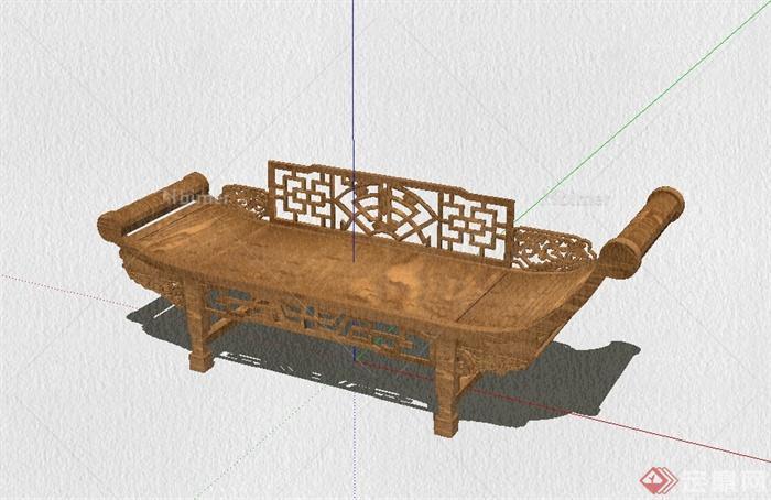 现代中式臥榻木质卧榻躺椅设计su模型[原创]