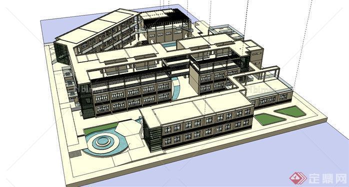 武汉某现代中小学校建筑设计方案su模型