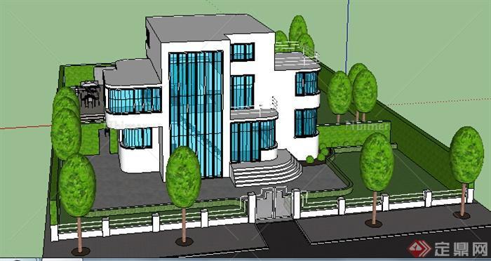 三层现代风格别墅住宅建筑设计SU模型（带庭院）