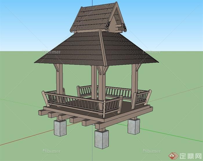 园林景观节点木质双檐四角亭设计SU模型
