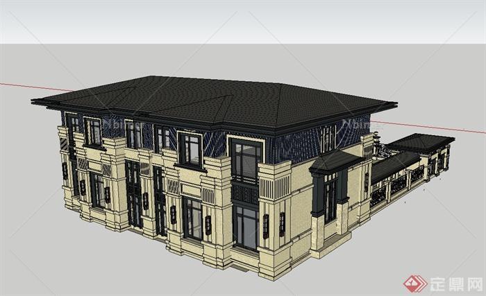 新古典风格详细独特私人别墅建筑设计su模型[原创