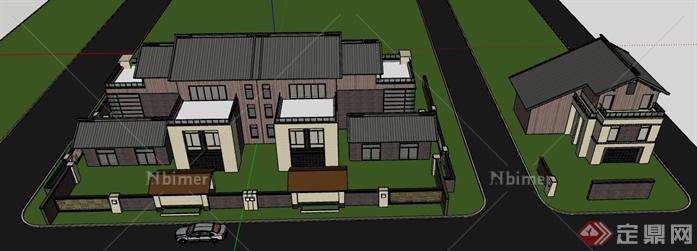 某新中式双拼别墅建筑设计SU模型